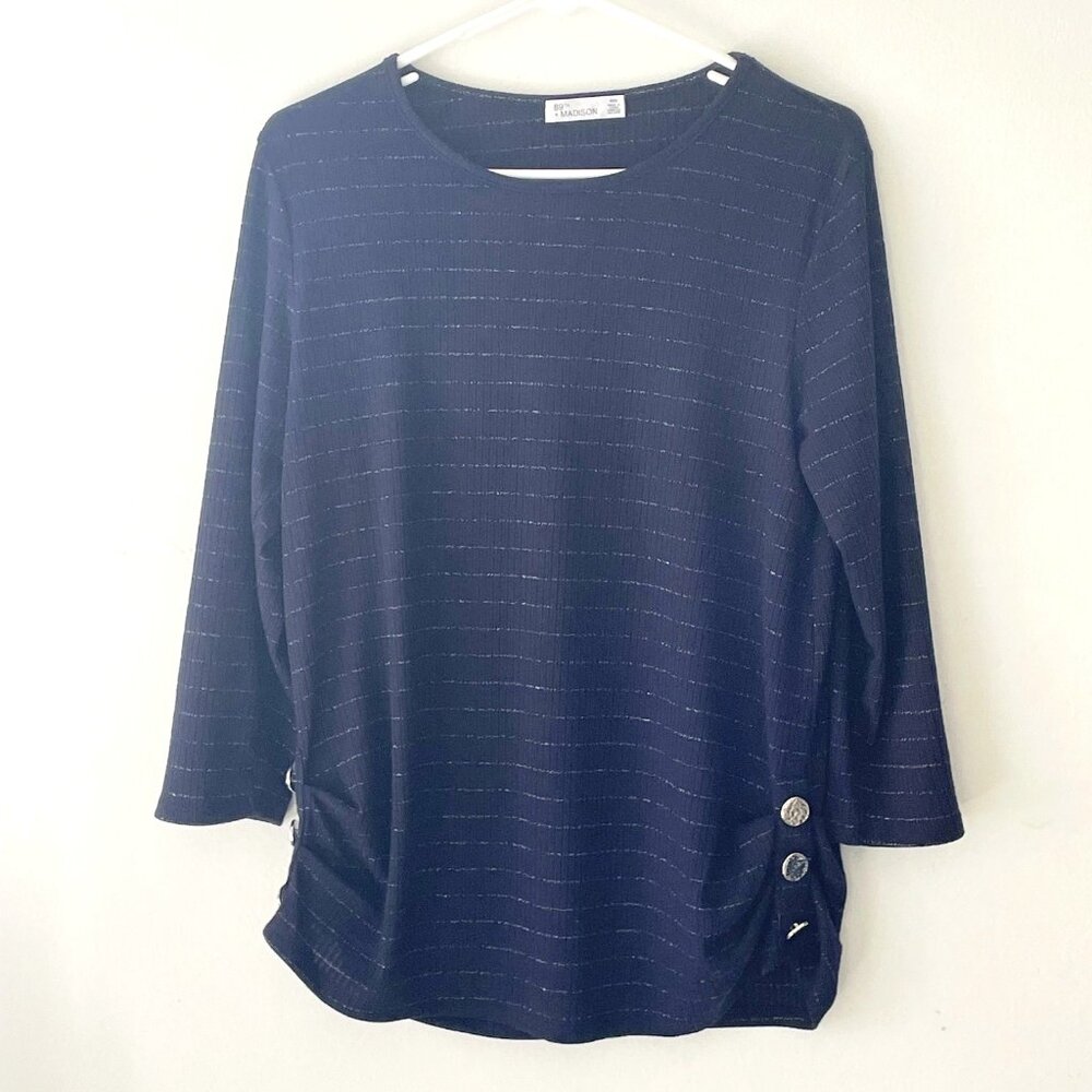 89th + Madison M Size Medium Navy Blue Top Long Sleeve with Silver Stripes